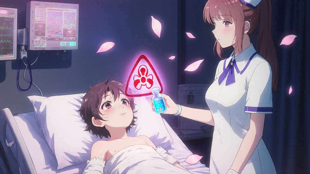 Ein krankes Kind im Krankenhaus mit einem schwebenden Gift-Symbol über der Brust.