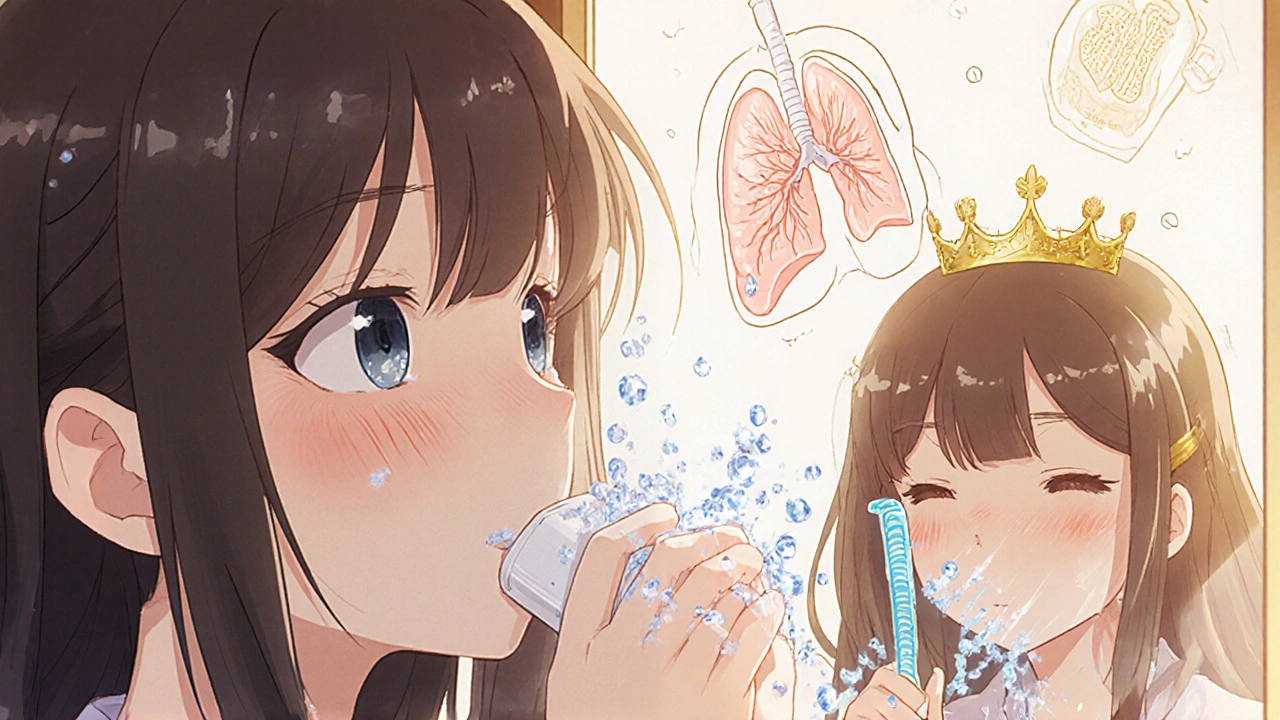 Ein Mädchen spült den Mund mit Wasser, während weiße Pilzflecken in Glitzer verwandelt werden.