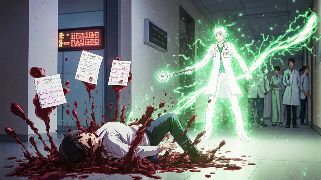 Ein Patient blutet in einem Krankenhauskorridor, während eine Heilerin mit einem Lichtschild den Blutfluss stoppt.