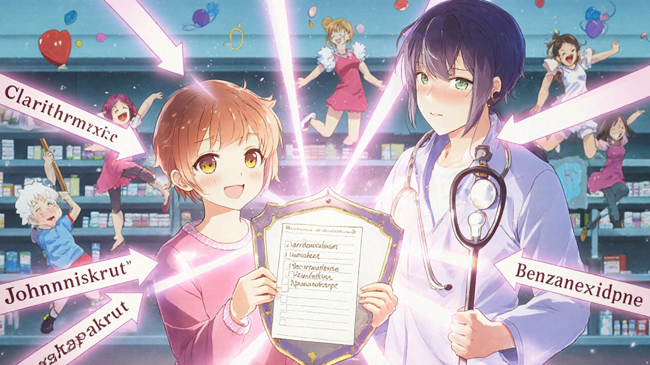 Ein Patient hält eine medizinische Liste, die als Schild giftige Wechselwirkungen abwehrt, im stylischen Anime-Look.