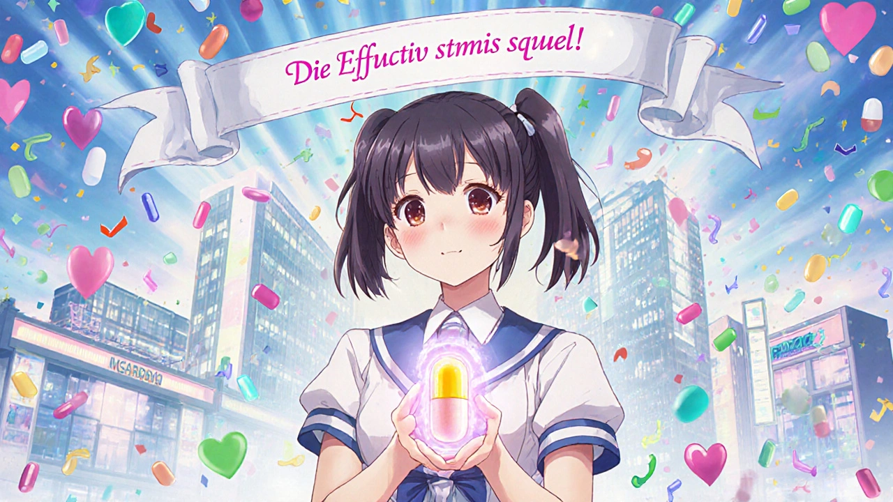 Ein Patient verwandelt sich in eine Heldin, während seine Pille Form und Farbe wechselt — aber unzerbrechlich bleibt.