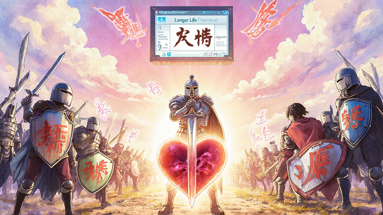 Ein Ritter schützt ein Herz vor gefährlichen Medikamenten, während ein Monitor einen sicheren Kaliumwert anzeigt.