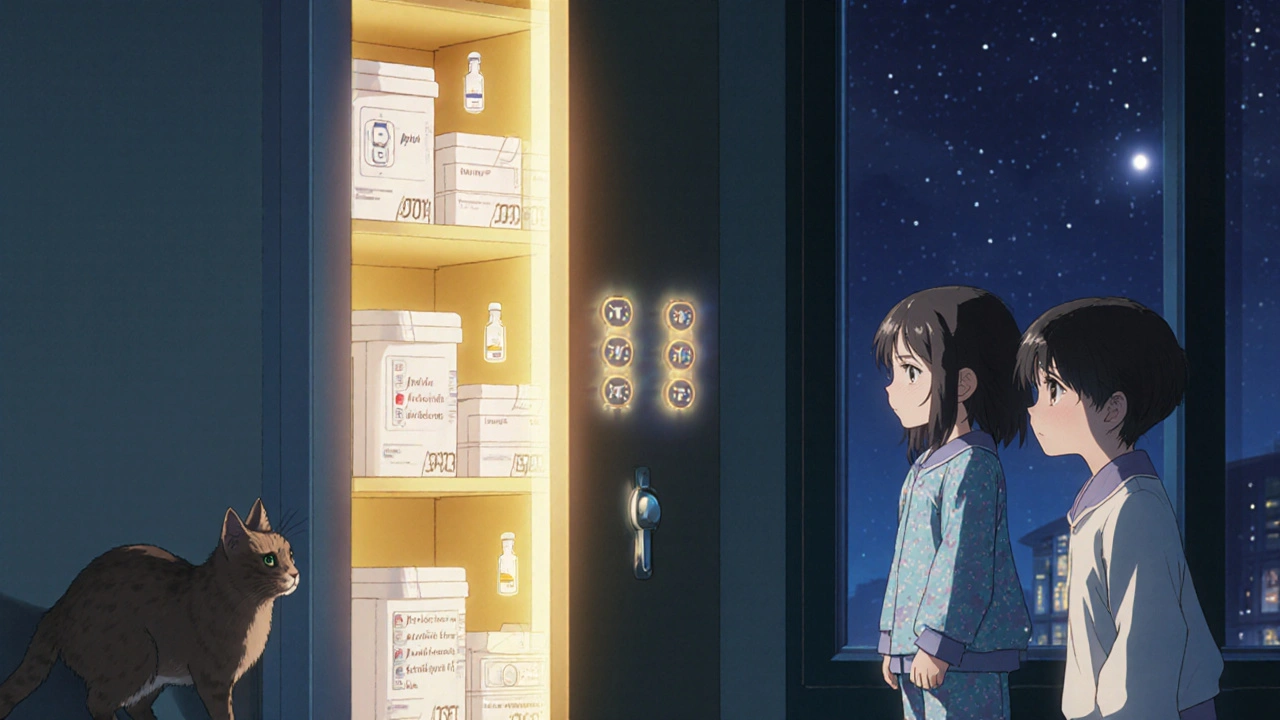 Ein verschlossener Medikamentensafe in einem hellen Flur mit organisierten Boxen und einem neugierigen Kätzchen.