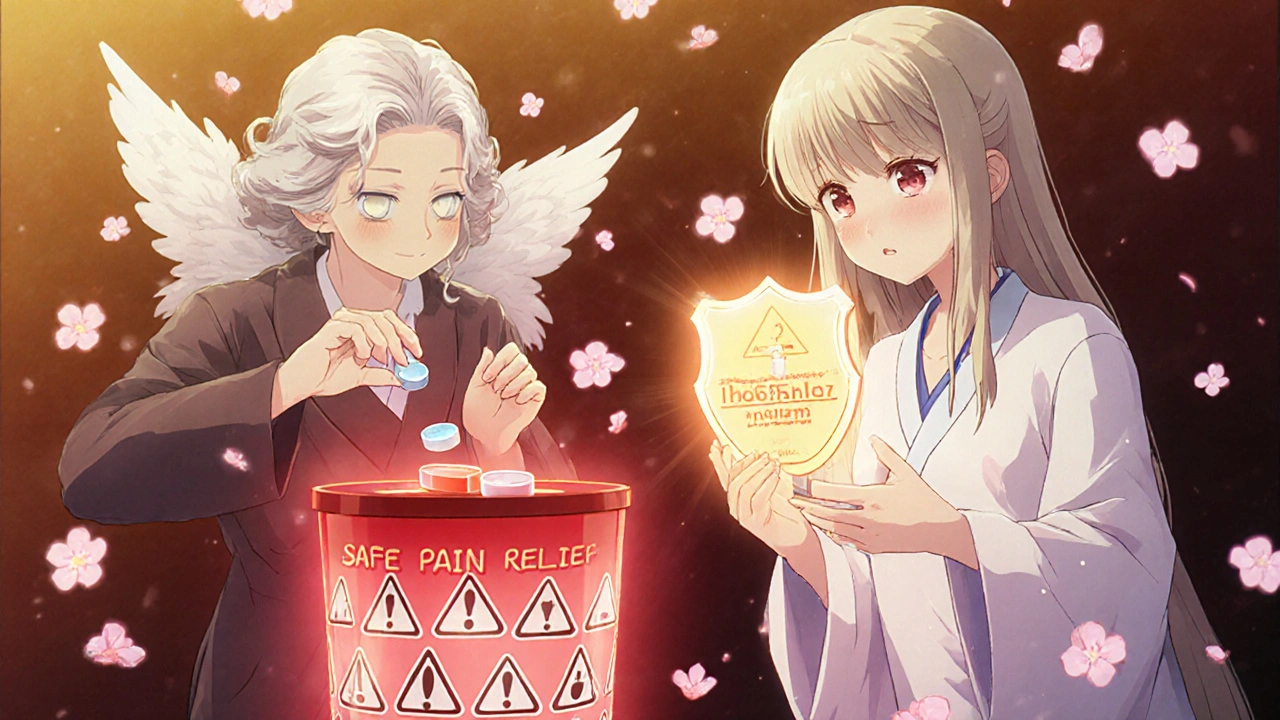 Eine ältere Frau wirft Ibuprofen weg und nimmt stattdessen Paracetamol, umgeben von sanftem Licht.