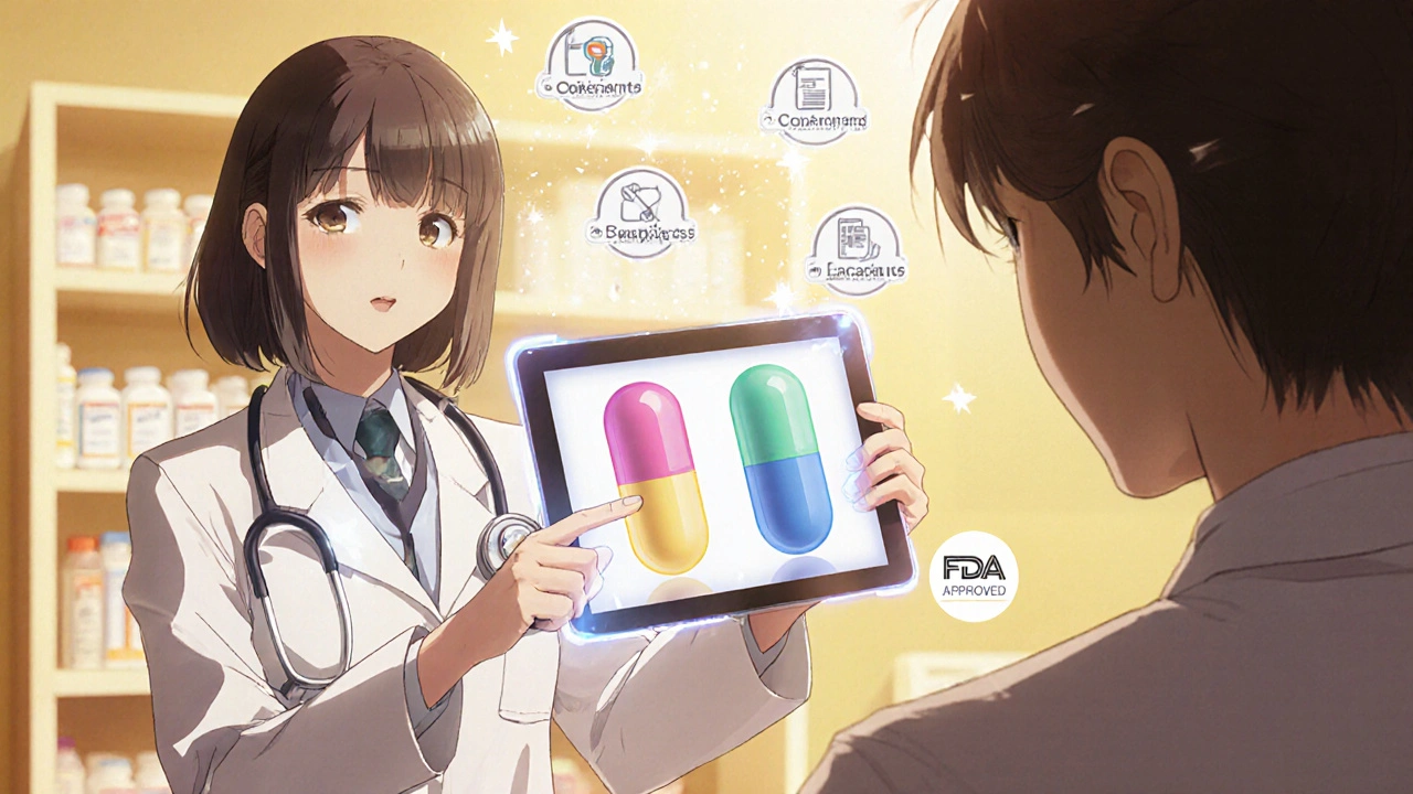 Eine Apothekerin zeigt einem Patienten digitale Pillenbilder, während unwirksame Bestandteile in Lichtpunkten verschwinden.