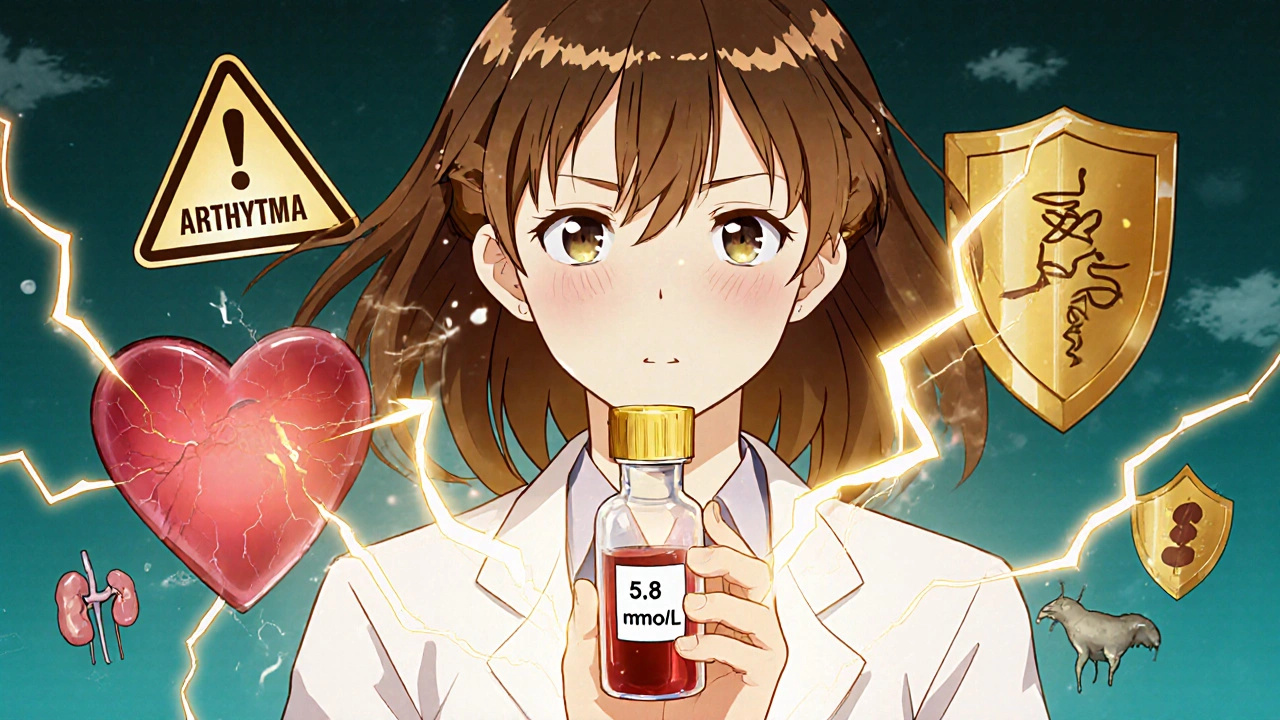 Eine Ärztin hält ein Bluttest-Röhrchen mit gefährlich hohem Kaliumwert, während Blitzschläge das Herz bedrohen.