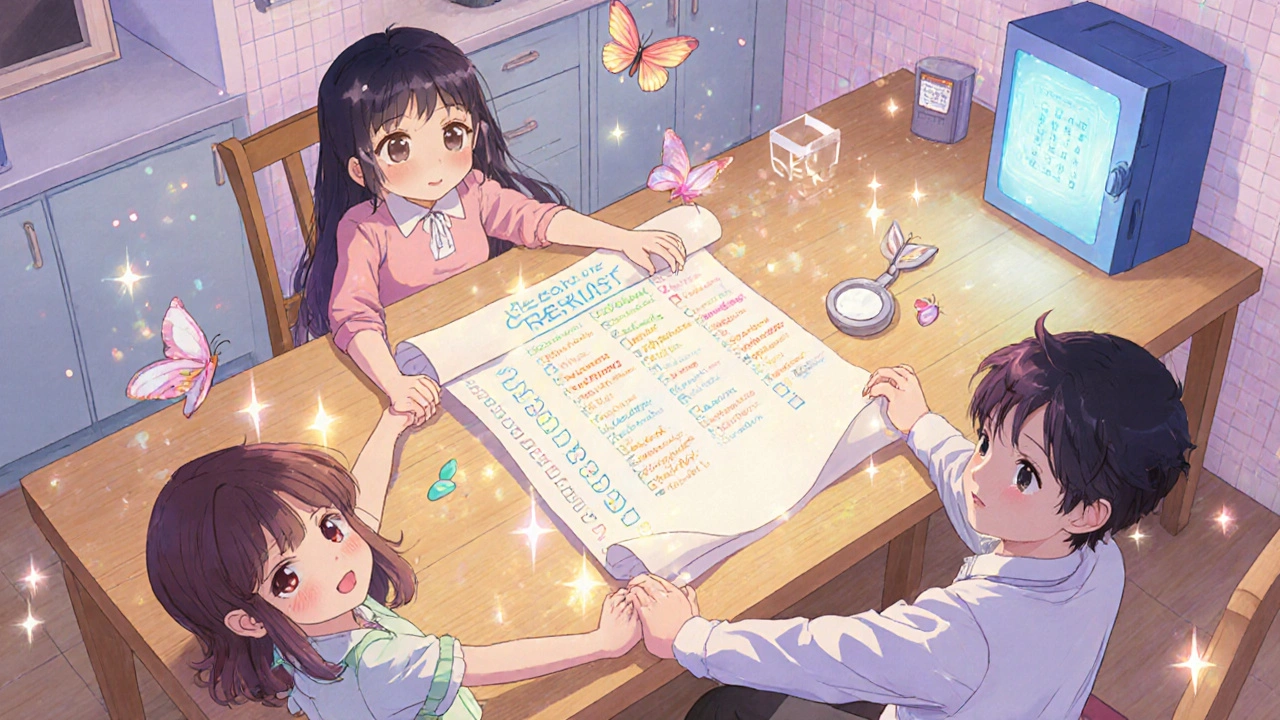 Eine Familie beobachtet eine magische Checkliste, die abgelaufene Medikamente in Schmetterlinge verwandelt.