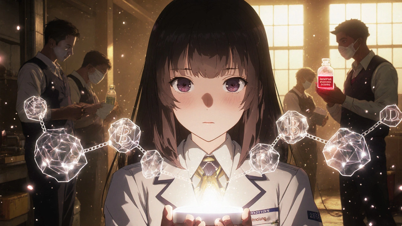 Eine Qualitätskontrolleurin hält ein IoT-Sensor-Gerät, das eine Blockchain aus digitalen Kristallen projiziert.