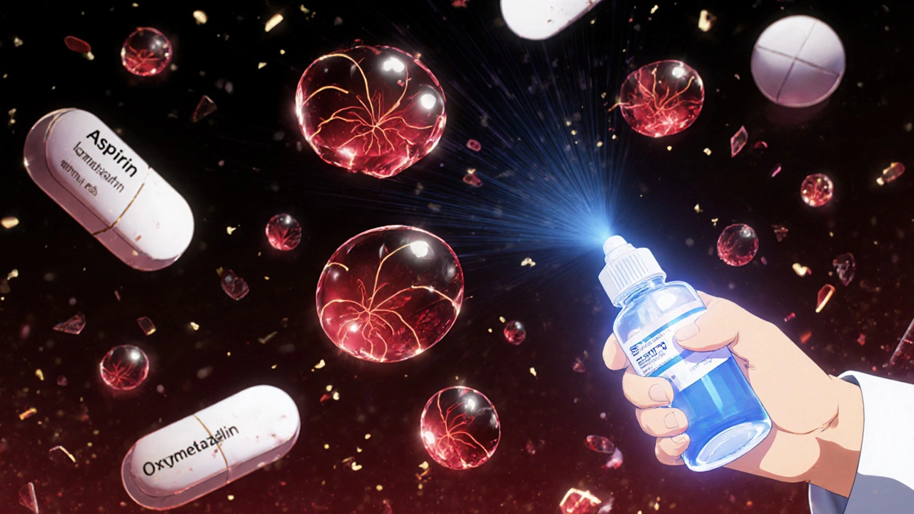 Eingefrorene Nasenblut-Tropfen als Kristalle, zerschmetterte Medikamente, heilendes Salzspray strahlt Licht aus.