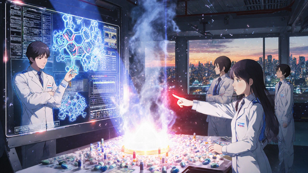 FDA-Inspektoren analysieren holografische Medikamentendaten in einer internationalen Fabrik, PreCure-Stil.