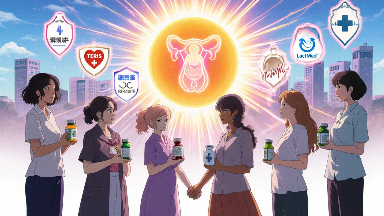 Frauen in einem magischen Kreis, geschützt durch medizinische Informationsquellen, mit einem wachsenden Baby im Hintergrund.