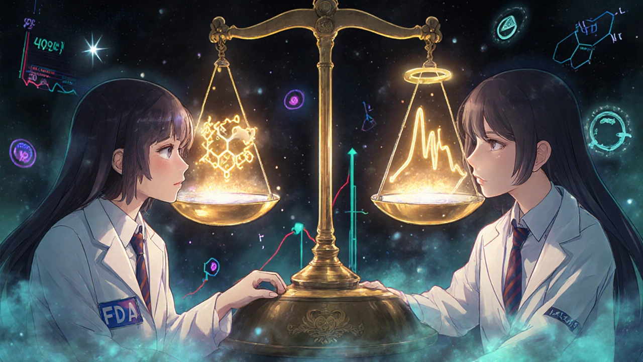 Gleiche Blutströme aus Marken- und Generikapillen in einer bioäquivalenten Prüfung, animehaft dargestellt.