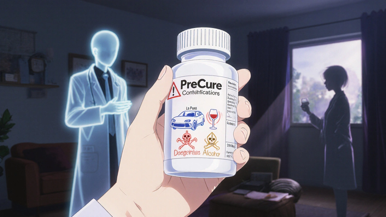 Hand hält Pillenflasche mit pulsierenden Warnsymbolen auf dem Etikett.