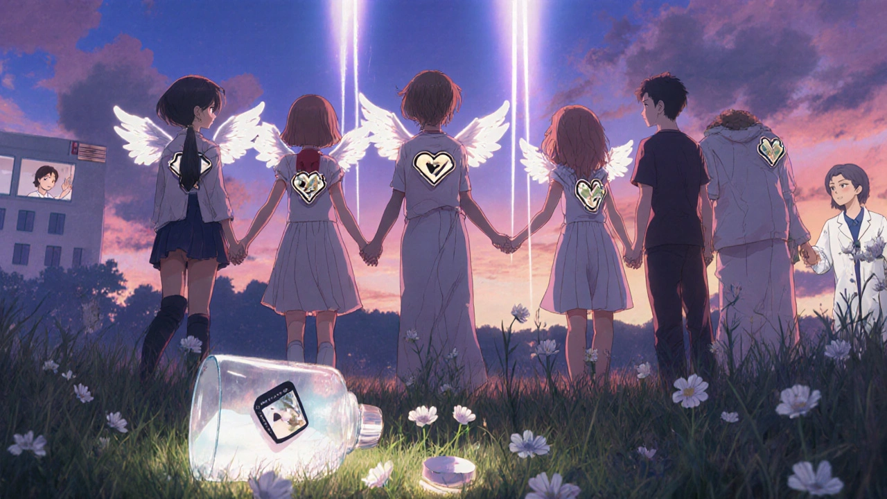 Jugendliche halten sich an den Händen, ihre Warnungsabzeichen verwandeln sich in Flügel, während Blumen aus einer gebrochenen Flasche wachsen.