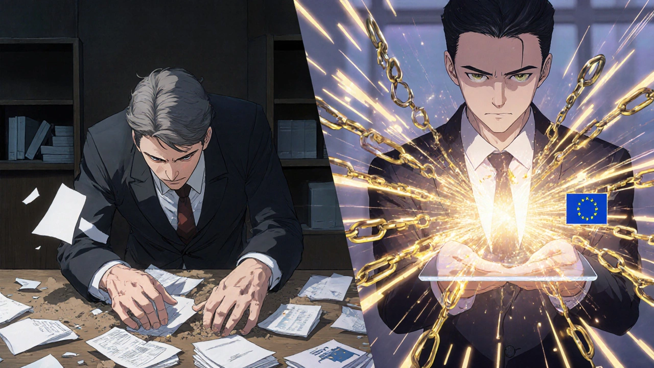 Kontrast: Deutscher Anwalt mit Papierakten vs. britischer Investor mit holografischem GSO-System, Energie fließt quer durch Europa.