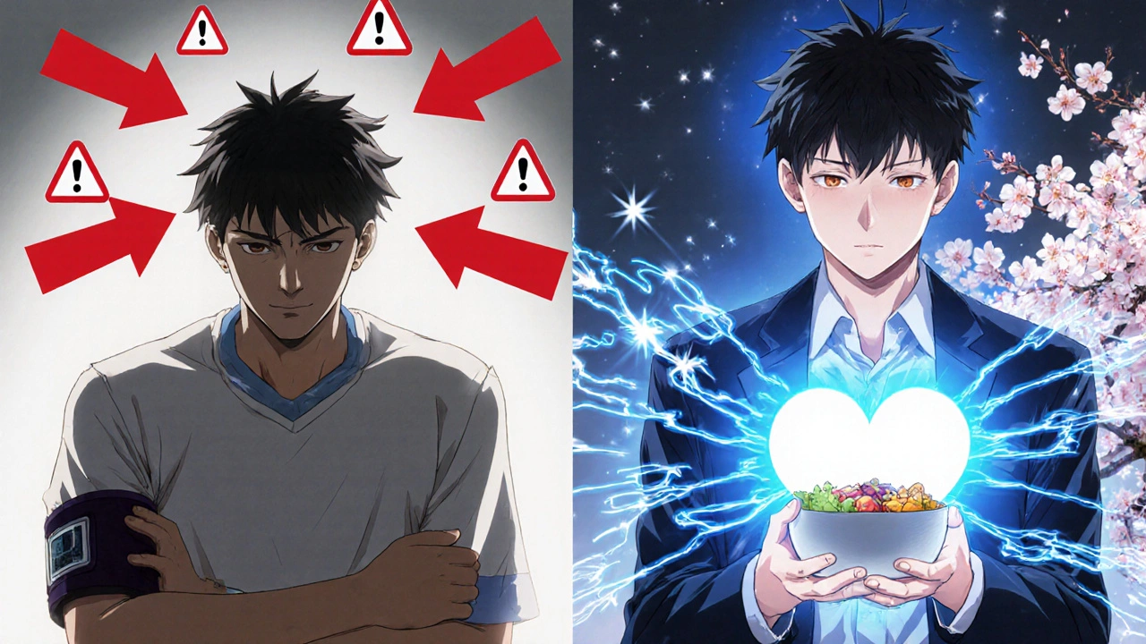 Mann transformiert von erschöpft mit Bluthochdruck-Symbolen zu gesund, umgeben von beruhigender blauer Energie und blühenden Blüten.