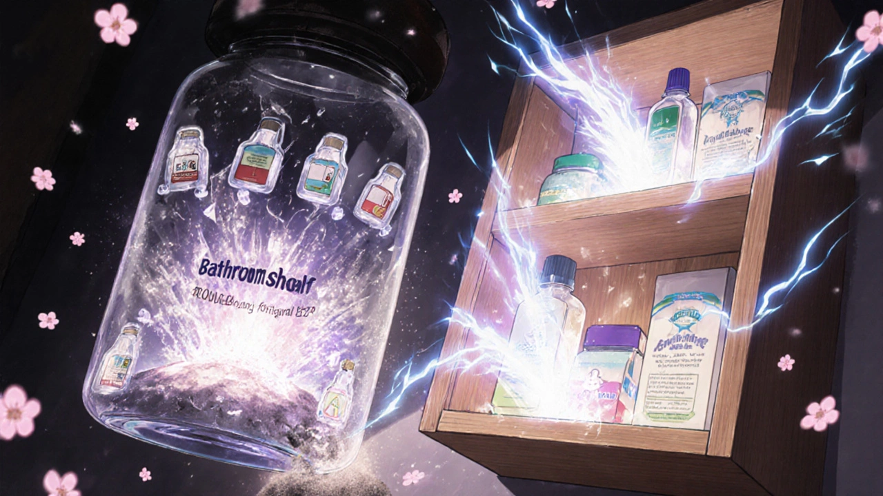 Medikamente als magische Amulette in einem sicheren Schrank, während ein kaputter Badezimmerschrank zerfällt.