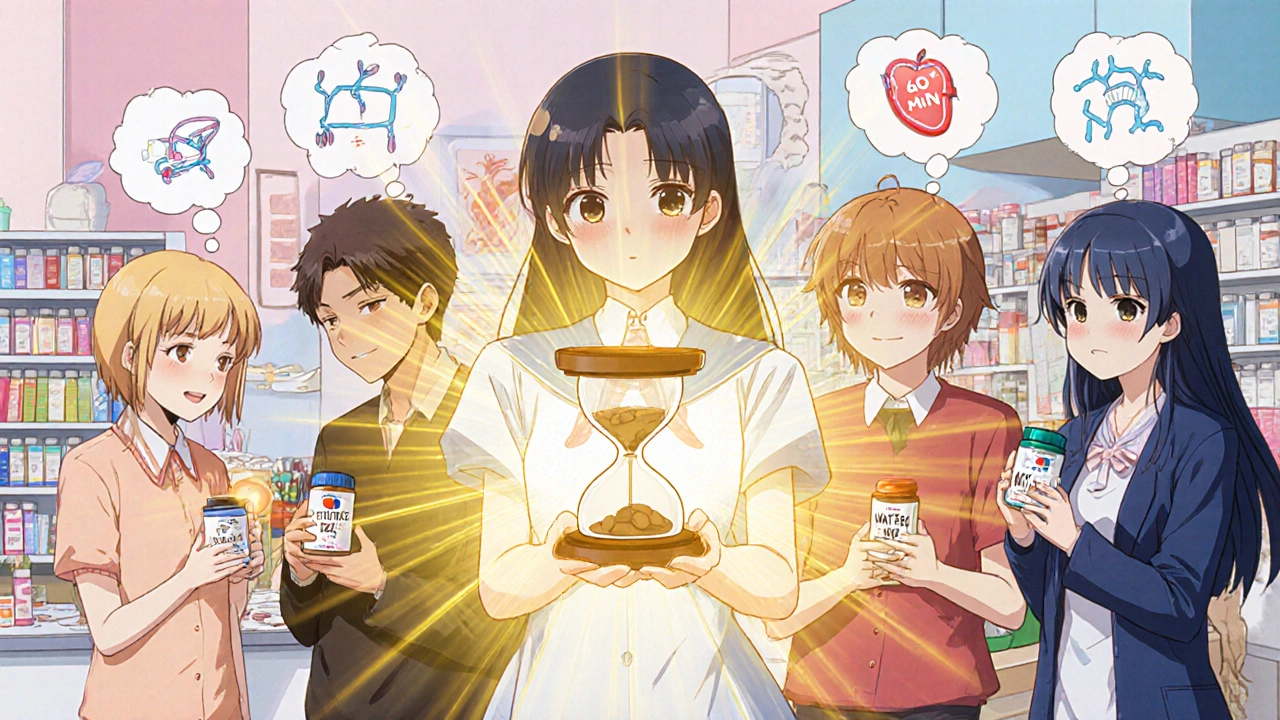 Menschen mit Medikamenten, von einem Kaffeebohnen-Schild vor Wirkung geschützt, symbolisch in einer medizinischen Landschaft.