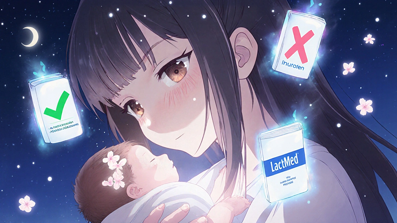 Mutter stillt Baby bei Mondlicht, sichere und unsichere Medikamente als schwebende Symbole um sie herum.