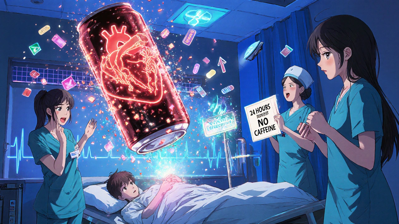 Patient im Krankenhaus während Herztest, Energie-Drink explodiert und blockiert Herzrezeptoren mit Koffein.