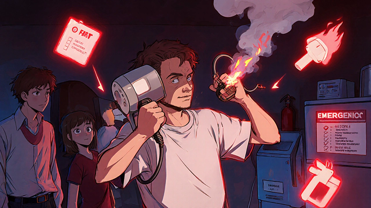 Patient schaltet Sauerstoffgerät ab, kleine Flamme in der Nähe, Familie bereit mit Notfallausrüstung.