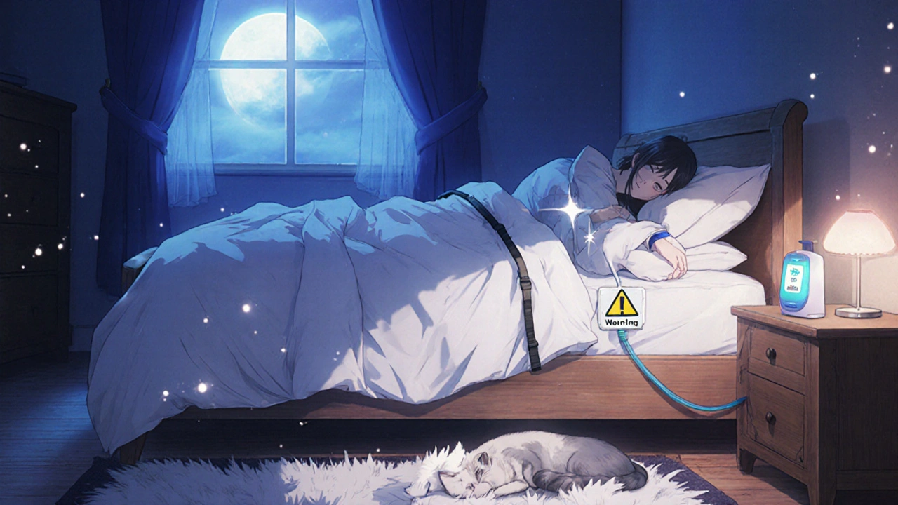 Patient schläft sicher im Bett mit Sauerstoffschläuchen, die an der Bettkante befestigt sind, keine Hitzequellen.