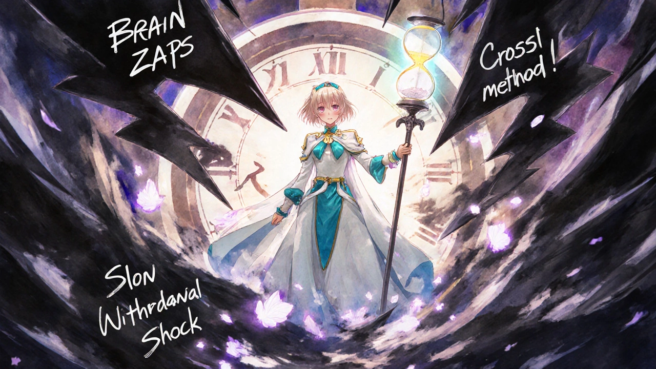 Patientin von elektrischen Blitzen umgeben, von einer magischen Kriegerin mit Stunde-Glas beruhigt, Blüten statt Schmerzen.