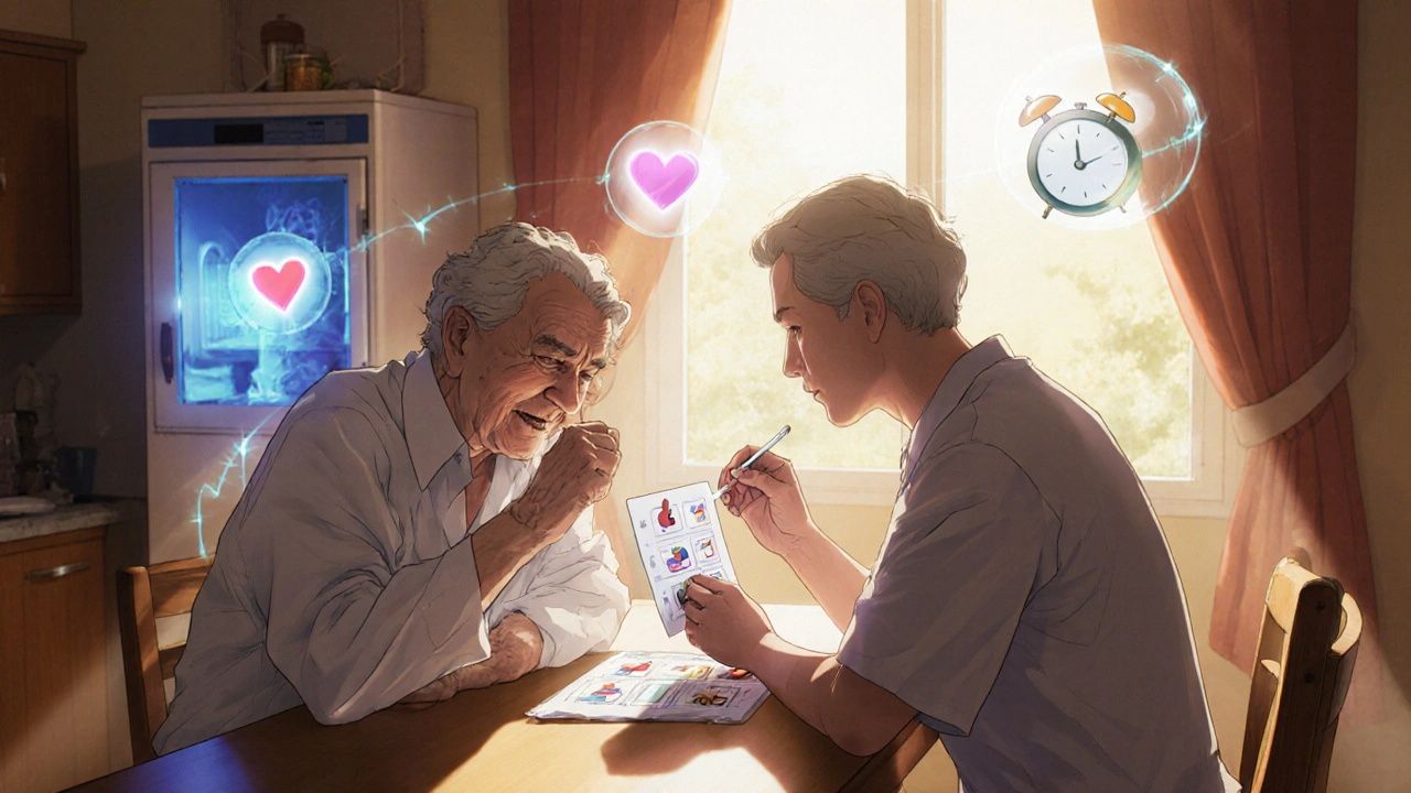 Pflegende und Senior nehmen gemeinsam Medikamente ein, mit einem Bild-Checklist und warmem Licht.