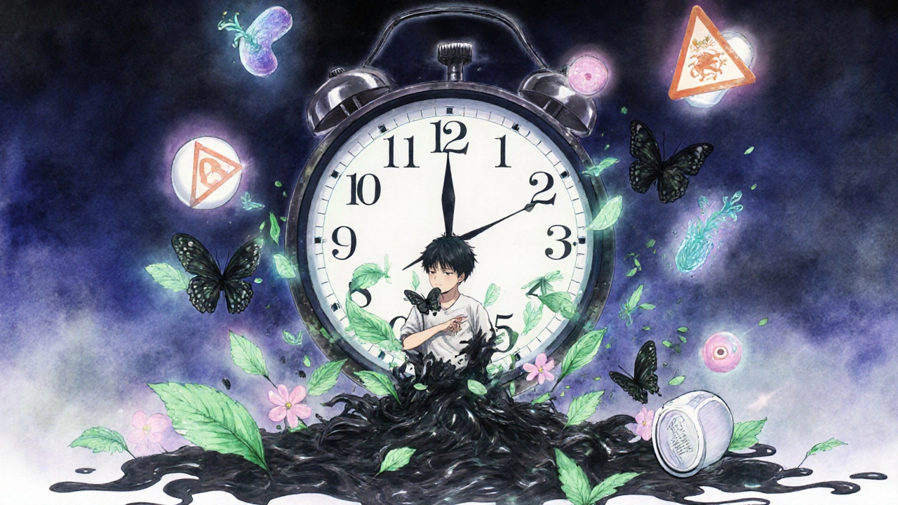 Schwarze Stühle verwandeln sich in heilende Blumen, begleitet von einem PPI-Pillen-Symbol in Anime-Ästhetik.