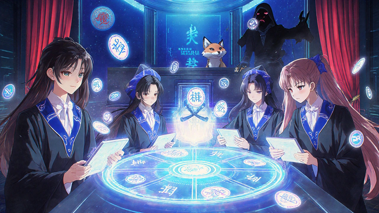 Team von Juristen mit Tablets synchronisiert Blockchain-Gerichtsbeschlüsse weltweit, ein Fuchs-Schutzgeist blockiert einen Hacker.