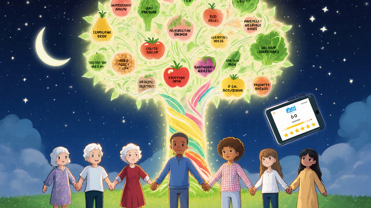 Verschiedene Menschen halten Hände um einen leuchtenden Obst- und Gemüsebaum, der Gesundheitsvorteile verkörpert, Regenbogenranken verbinden sie.