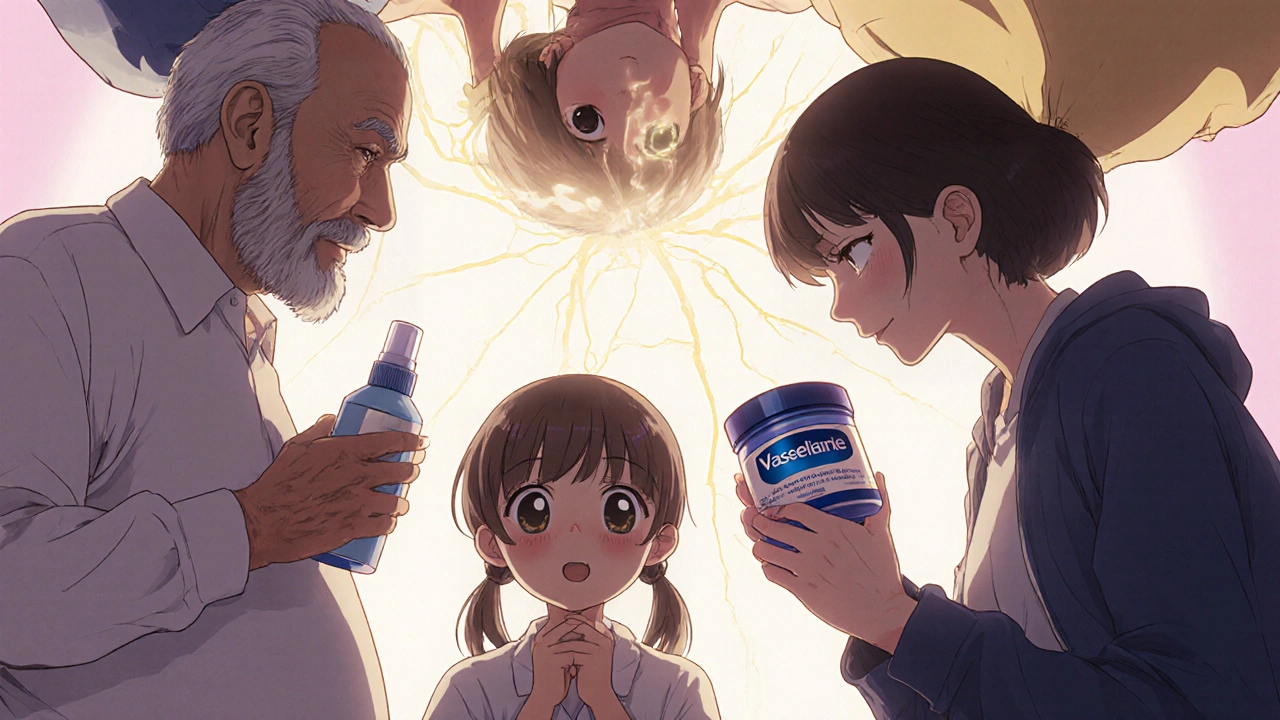 Verschiedene Personen halten Präventionsmittel, schützendes Licht umgibt ihre Nasen, Kiesselbach-Plexus leuchtet darunter.