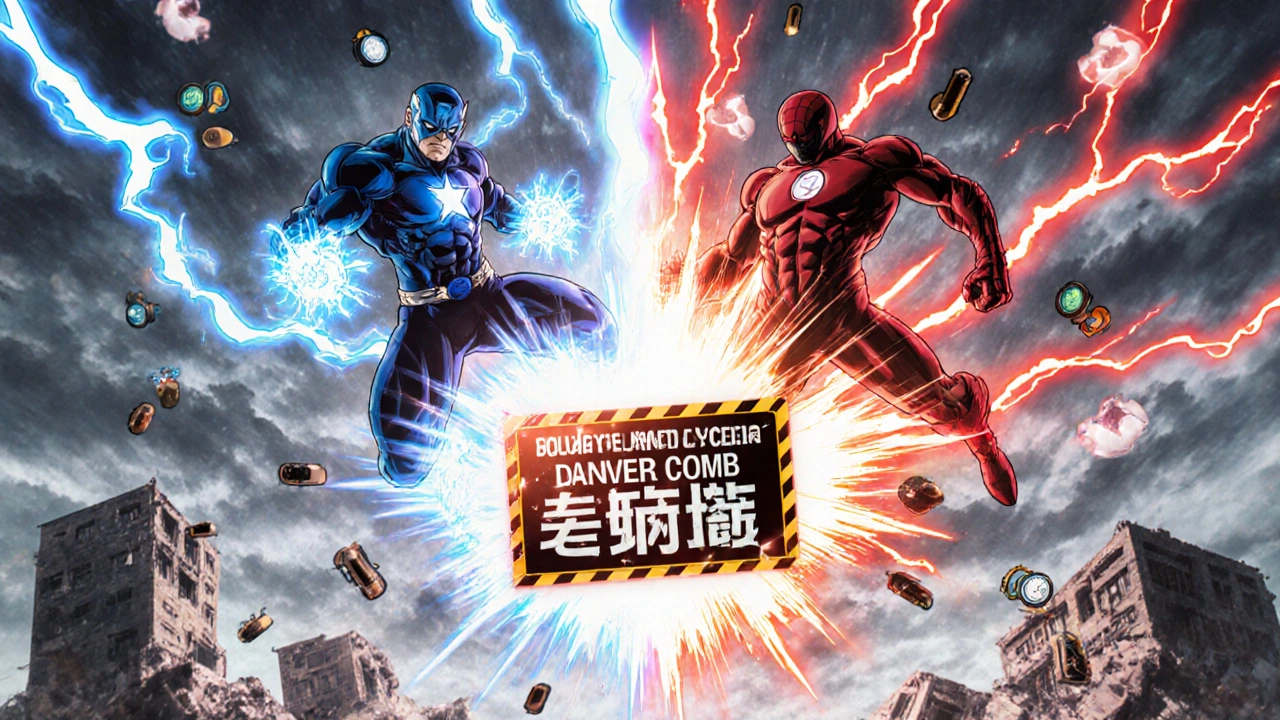 Zwei Superhelden kollidieren in einer explosiven Wechselwirkung, die einen Blutdruckabfall symbolisiert, im PreCure-Anime-Stil.