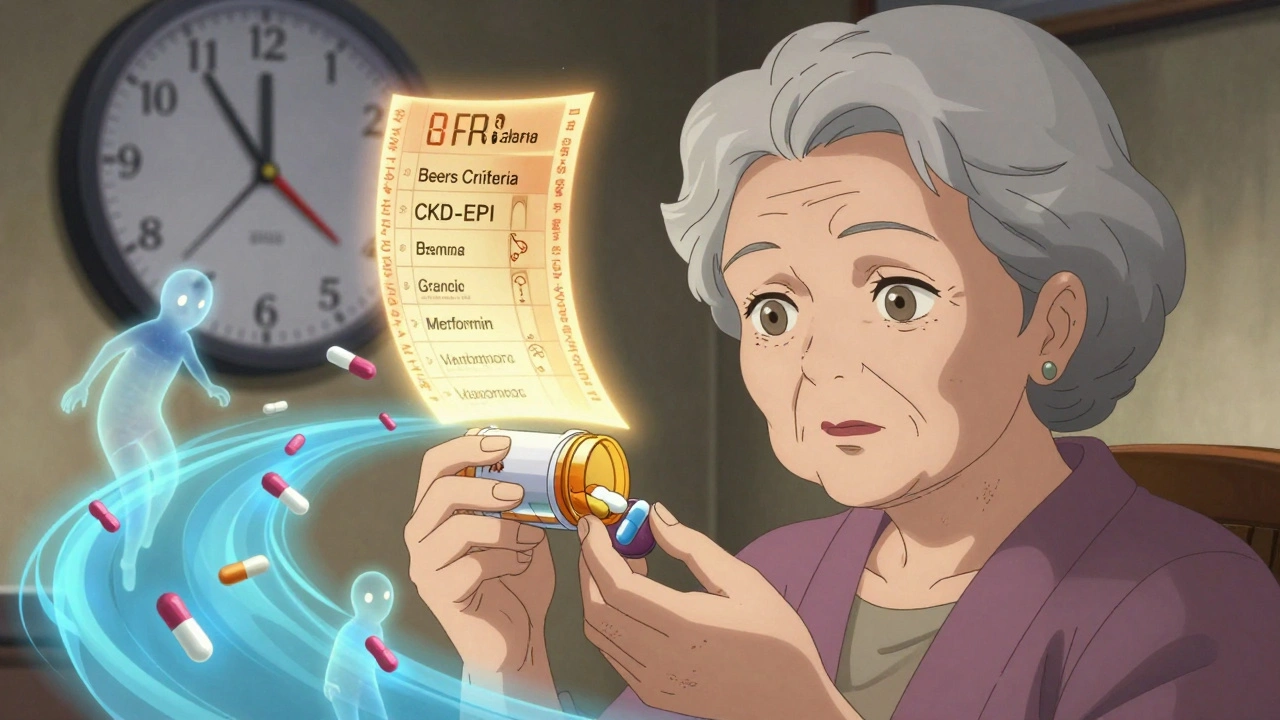 Ältere Frau mit schwebenden Medikamentenmolekülen und GFR-Uhr in Manga-Stil.