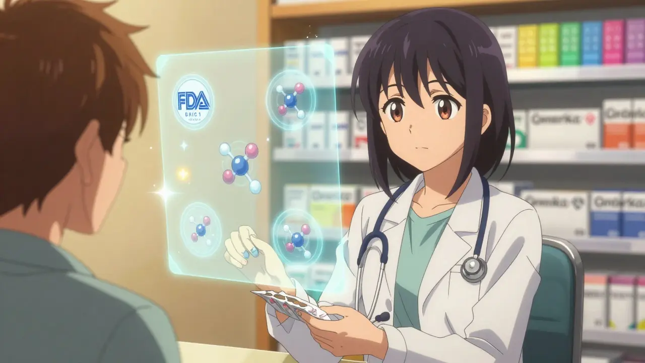 Apotheker reicht Patientin Generikum, holographische Qualitätszertifikate schweben im Hintergrund.