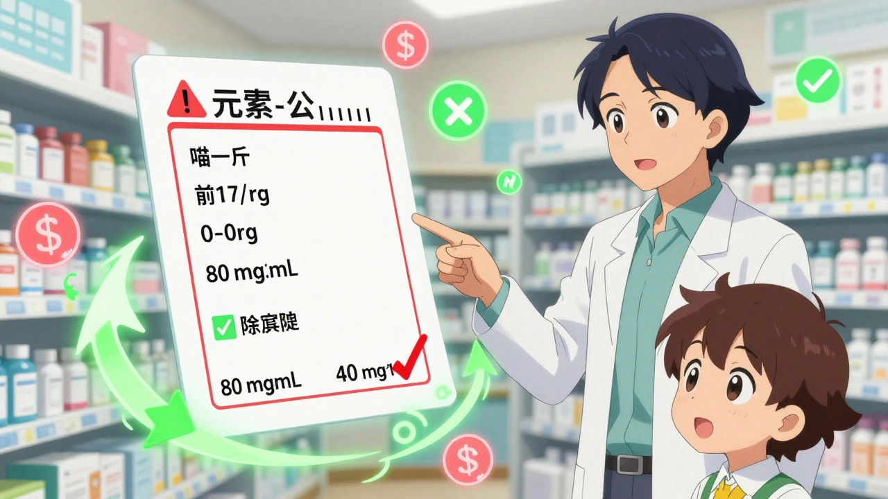 Apotheker und Elternteil analysieren gemeinsam ein sich verwandelndes Rezeptetikett mit Zahlen und Symbolen.