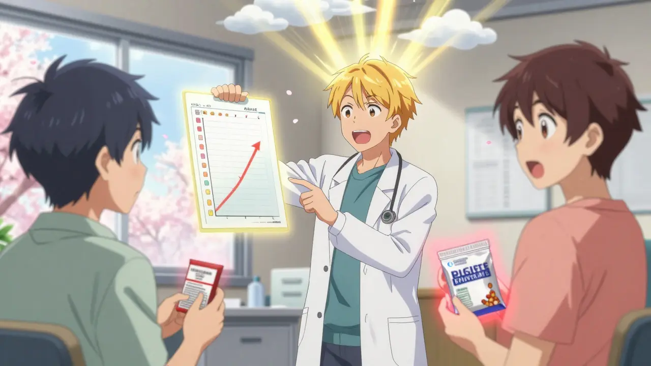 Arzt und Patientin betrachten einen ansteigenden Blutdruckgraphen in der Klinik.