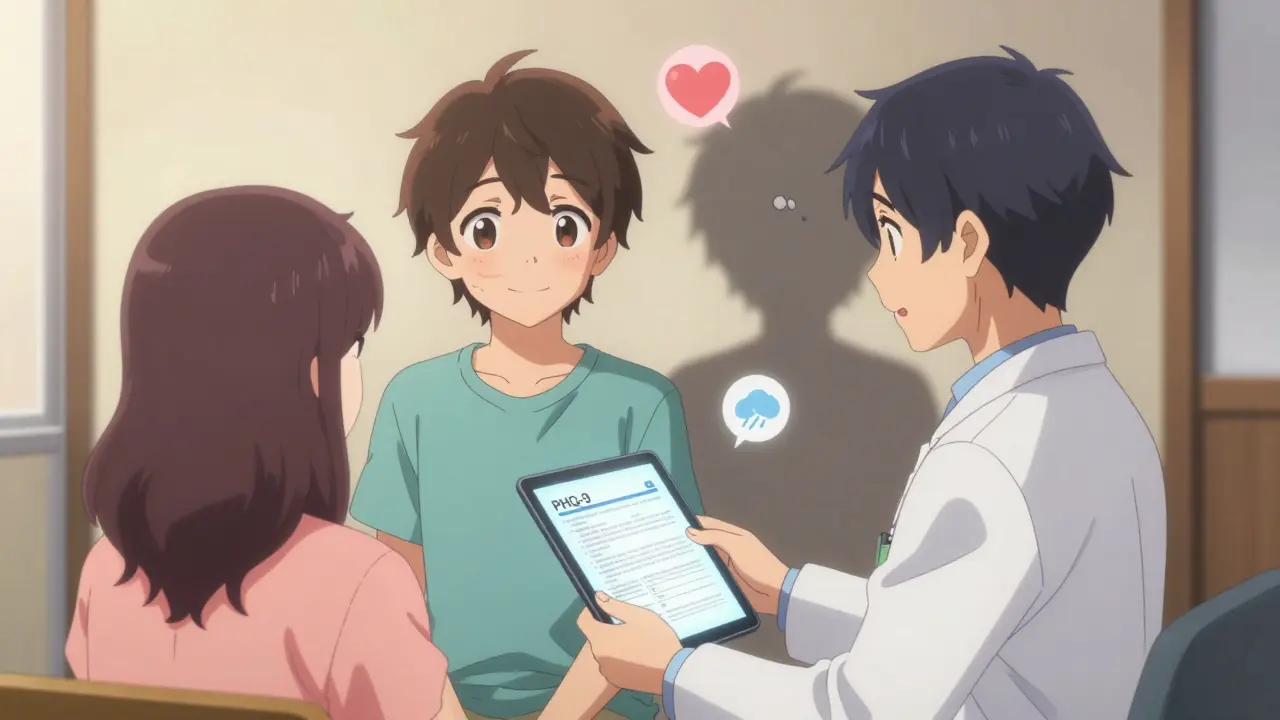 Arzt und Patientin in Klinik, PHQ-9-Fragebogen, Schatten zeigt zwei Emotionen, emotionale Symbole schweben um sie.