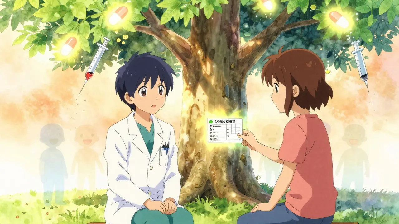 Arzt und Patientin teilen eine sichere Allergiedokumentation unter einem medizinischen Baum mit schwebenden Datenblättern.