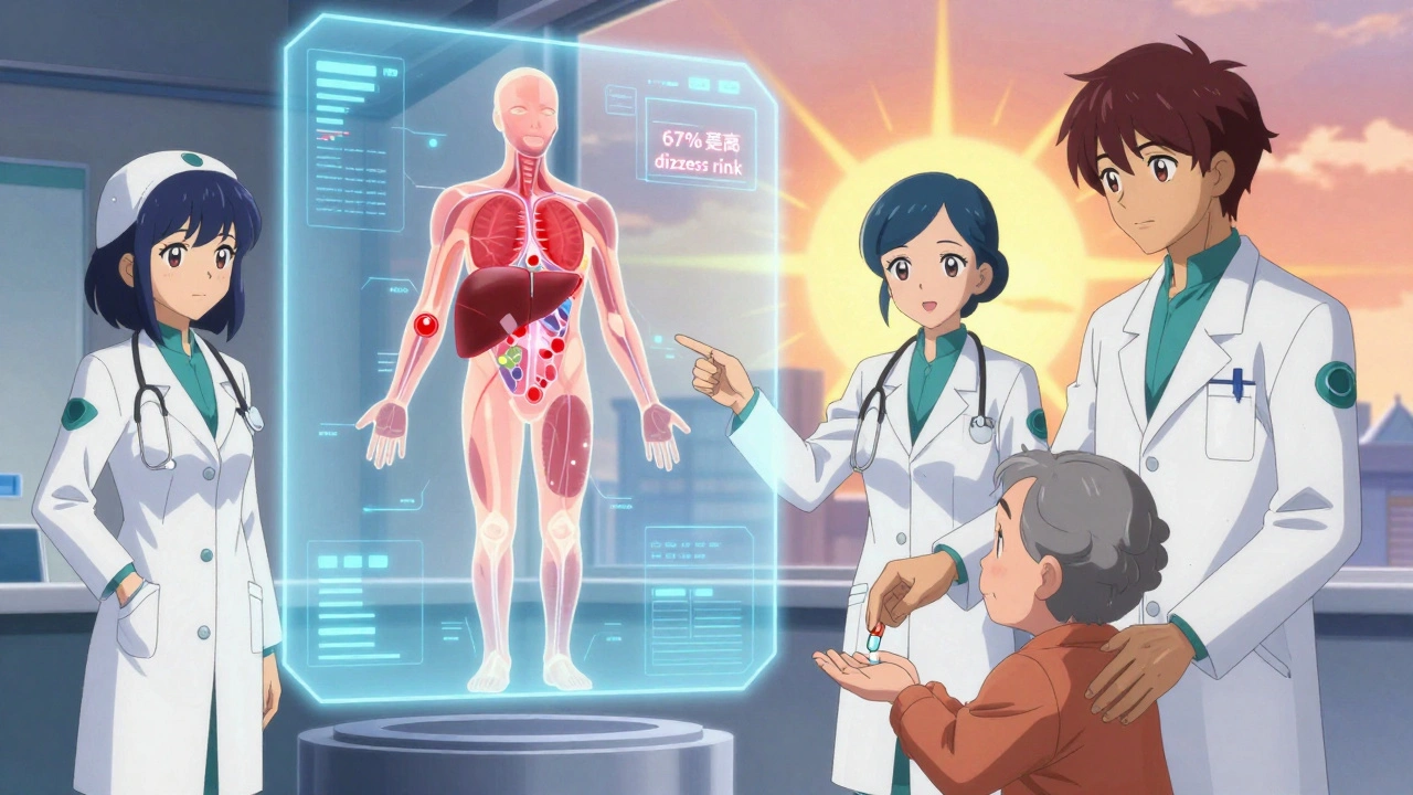 Ärzte vor Hologramm mit Warnungen und reduzierter Dosis in PreCure-Stil.