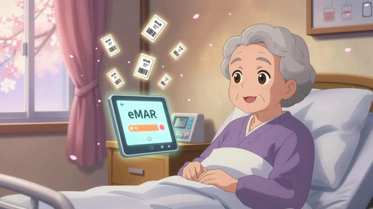 Ein älterer Patient mit einem schwebenden digitalen Medikationsplan in einem warmen Pflegezimmer.