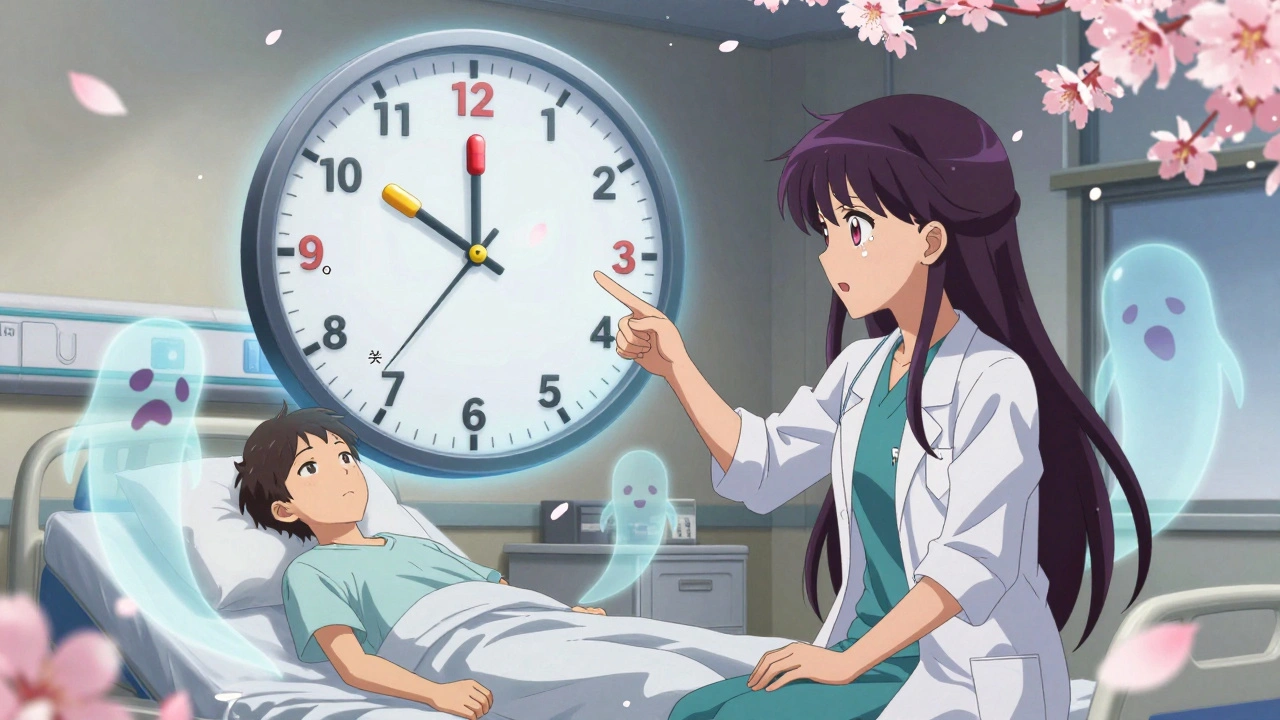 Ein Arzt zeigt auf eine riesige Uhr aus Medikamenten, während Symptome wie Schwellungen und Müdigkeit im Raum schweben.