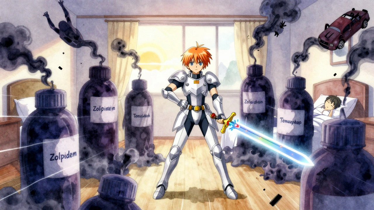 Ein Held mit einem Schlafzyklus-Schwert kämpft gegen pillenförmige Schattenmonster, während hinter ihm ein friedlicher Schlaf beginnt.