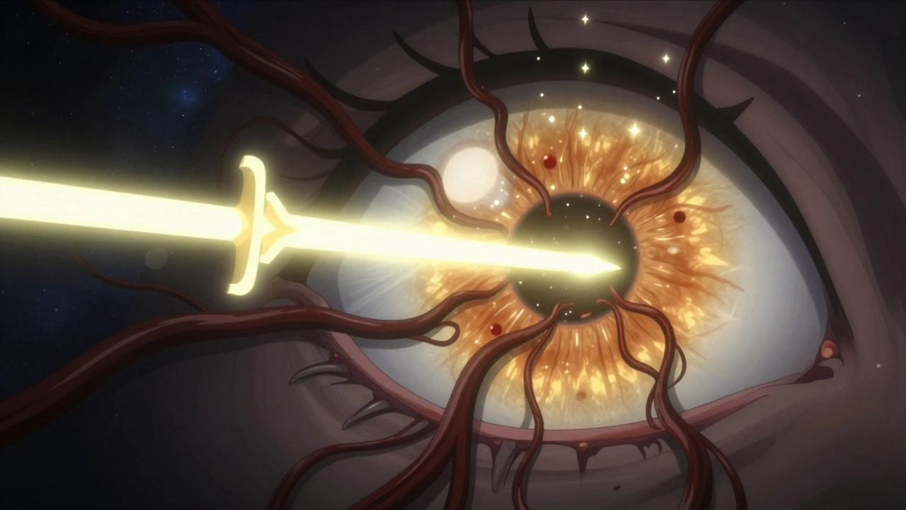 Ein magischer Laserstrahl bekämpft dunkle, wuchernde Blutgefäße in der Netzhaut, während gesunde Gewebe golden leuchten.