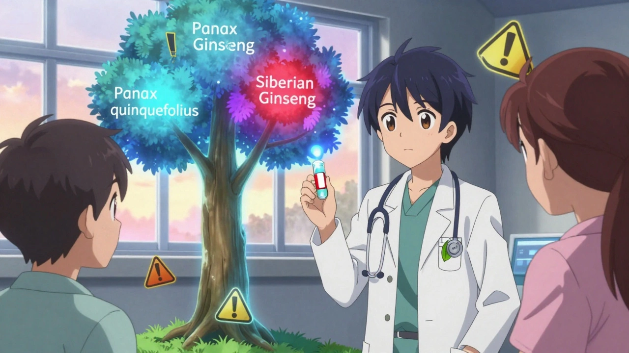 Ein medizinischer Berater zeigt eine Ginseng-Pflanze mit zwei unterschiedlich leuchtenden Ästen, während eine Patientin eine Kapsel hält.