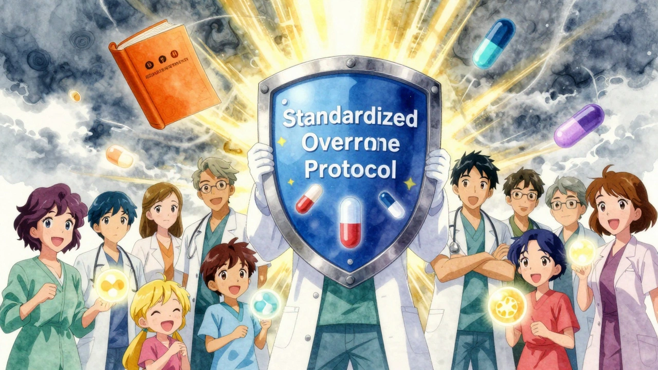 Ein medizinisches Team hält ein Schild mit einheitlichen Verschreibungsregeln hoch.