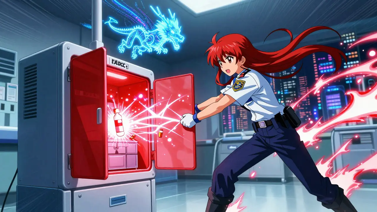 Ein Notarzt wird von einem magischen Abgabesystem blockiert, während eine KI-Drohne Ablaufdaten vorhersagt.