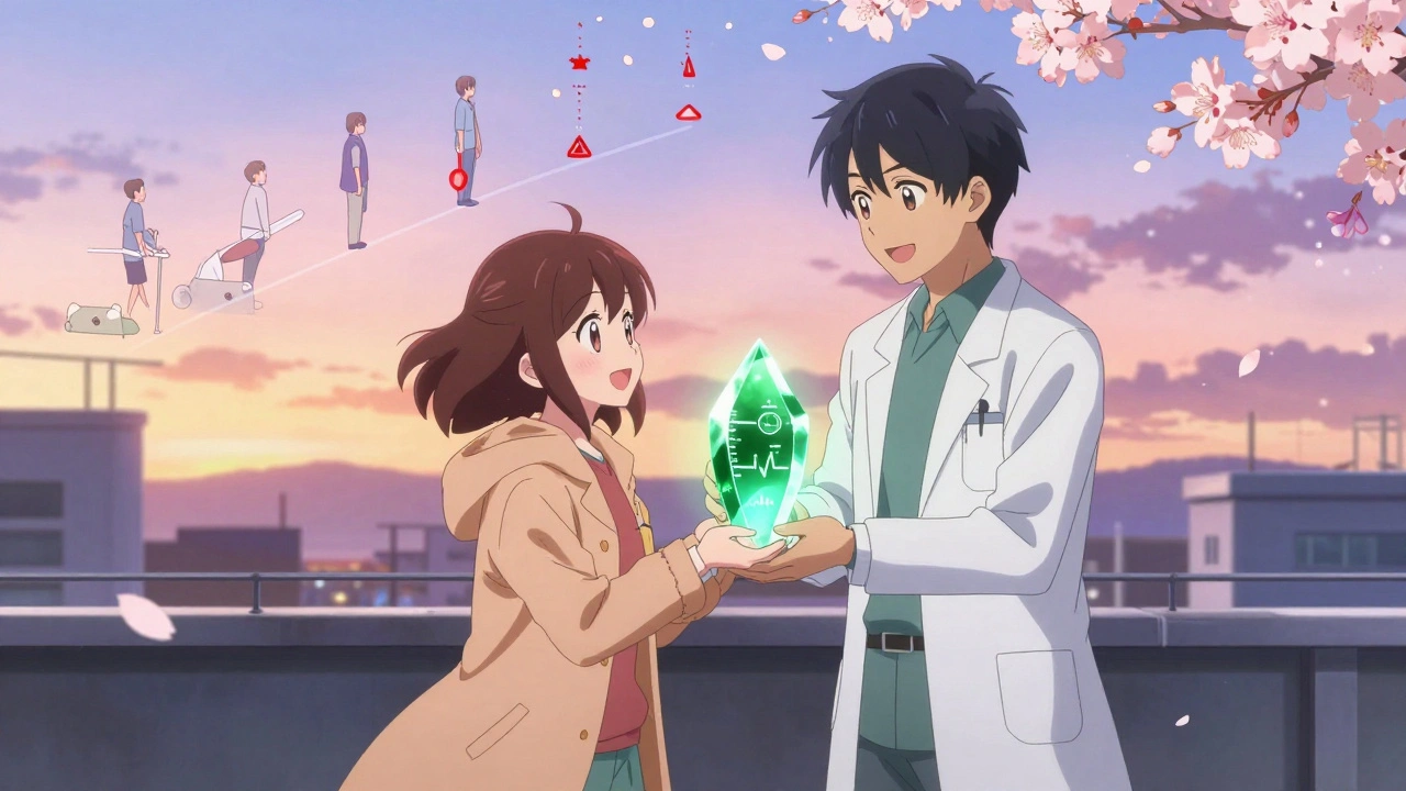 Ein Patient und ihr Arzt stehen auf einem Dach, ein Kristall zeigt stabile Vitalwerte bei Sonnenuntergang.