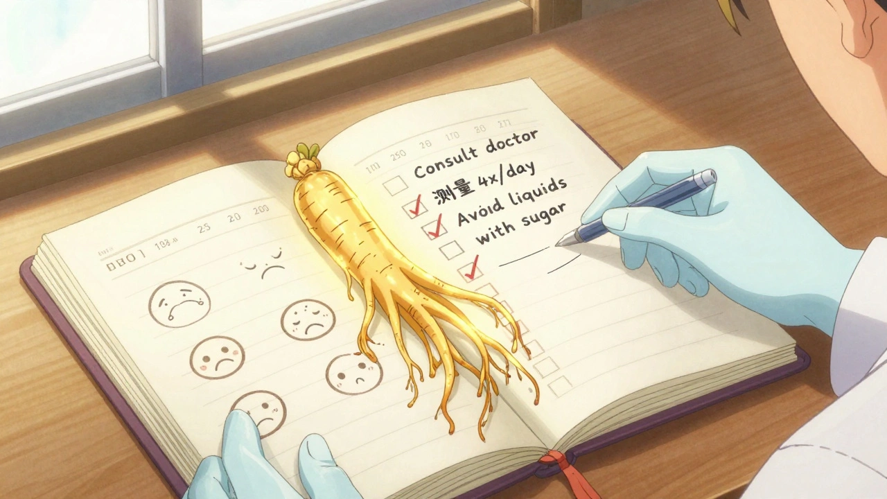 Ein Tagebuch mit Blutzuckerwerten und einer pulsierenden Ginseng-Wurzel, daneben eine Checkliste für sichere Einnahme.