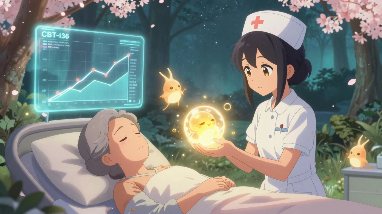 Eine ältere Frau erhält von einer Pflegerin eine ruhige Energiekugel, während sanfte Neuronen-Kreaturen warmes Licht ausstrahlen.